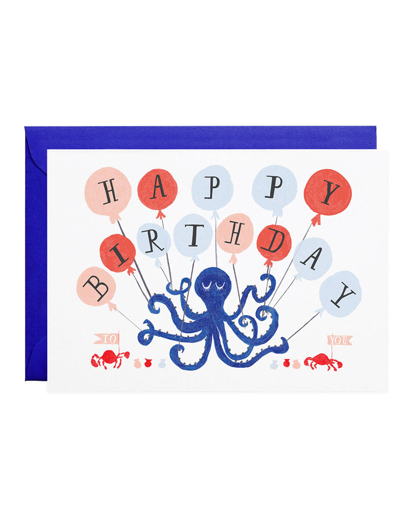 octopus holding happy birthday balloons illustration greeting card