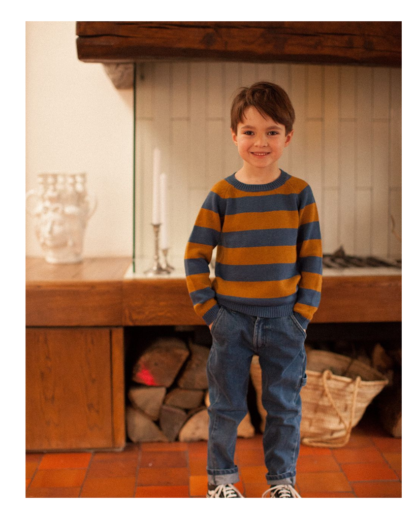 Robertino Knitted Wool Stripe Pullover - Navy/Saffron