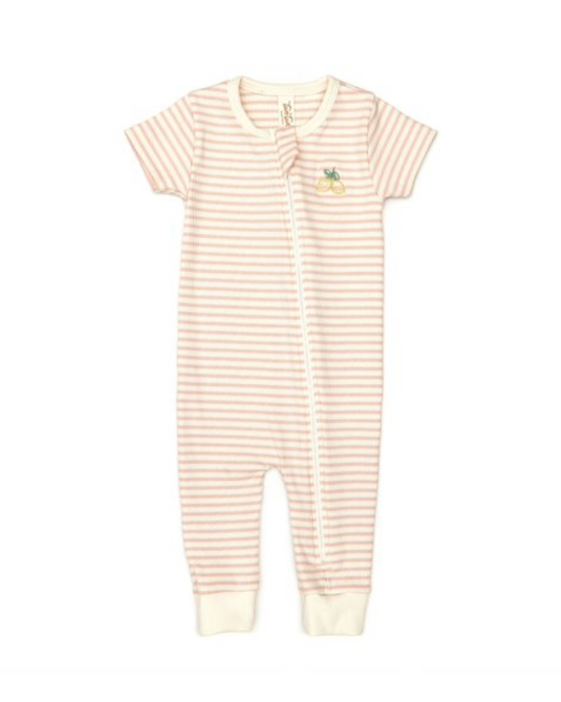Baby Short Sleeve Zip Romper - Shell Pink Stripes
