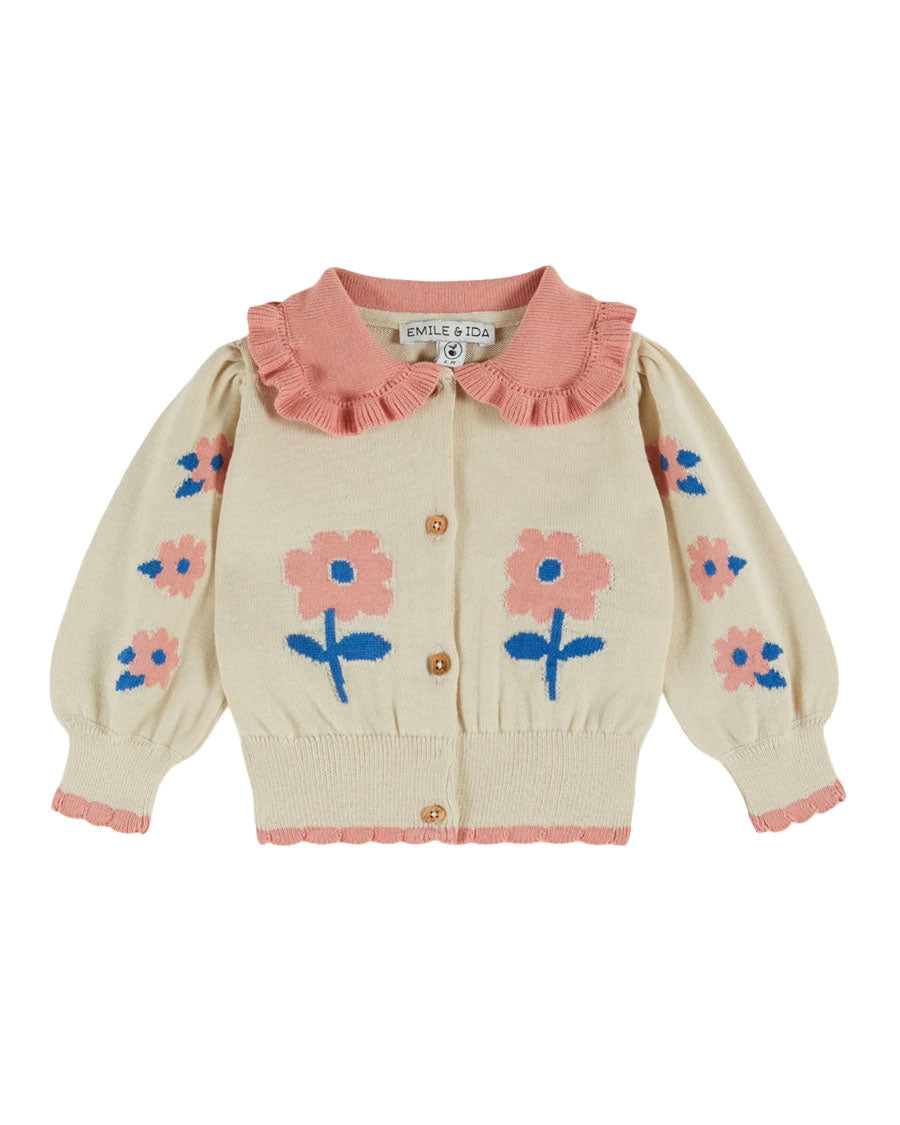 FloralアイレットRIBカーディガン Floral Jacquard Ruffle Cardigan - Beige Clair – English Rabbit