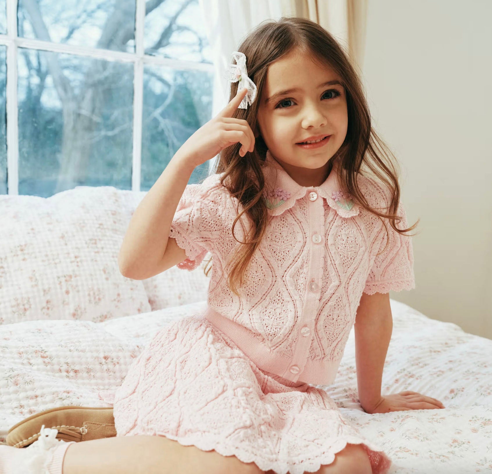 Flower Embroidered Knit Top - Pink