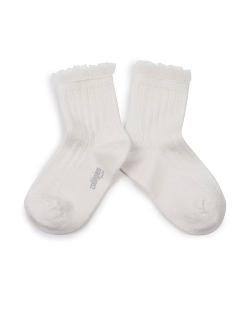 Tulle Frill Ribbed Ankle Socks - Blanc Neige