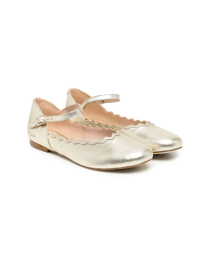 Metallic-Leather Scalloped Ballerina Shoes